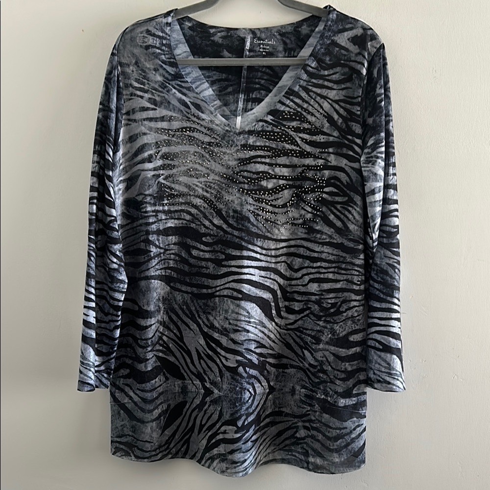 Essentials, Woman’s Size XL Black and Gray Zebra Print Top